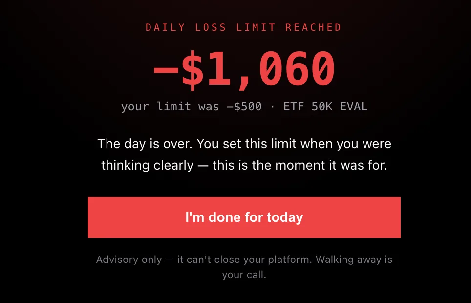 The LastLoss window after a breach: the panel turns red, states the daily loss limit has been reached and the amount down, with a single button reading "I'm done for today".